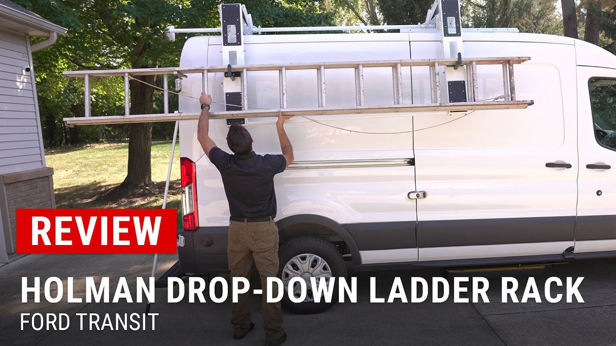 Review of Holman’s Drop-Down Ladder Rack for Ford Transit Vans at Upfit Supply. Secure design, versatile installation, and safety features.