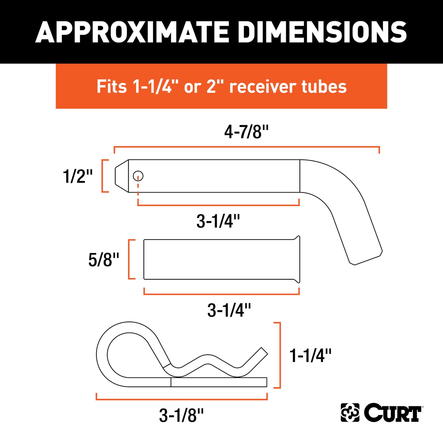 CURT 1/2" Hitch Pin with 5/8" Adapter (1-1/4" or 2" Receiver, Zinc, Packaged) - 21502