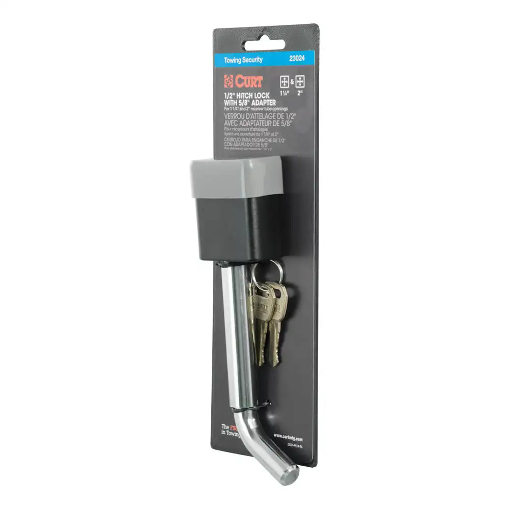 1/2" HITCH LOCK WITH 5/8" ADAPTER (1-1/4" OR 2" RECEIVER, DEADBOLT, CHROME)