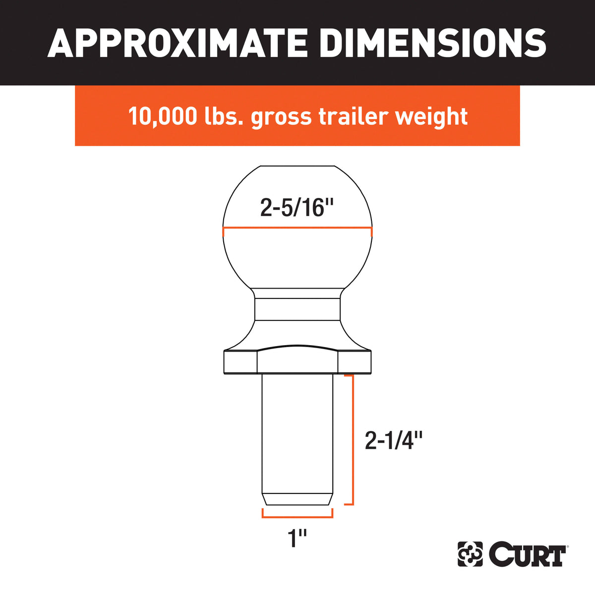 CURT 2-5/16" Trailer Ball (1" x 2-1/4" Shank, 10,000 lbs., Chrome) - 40007