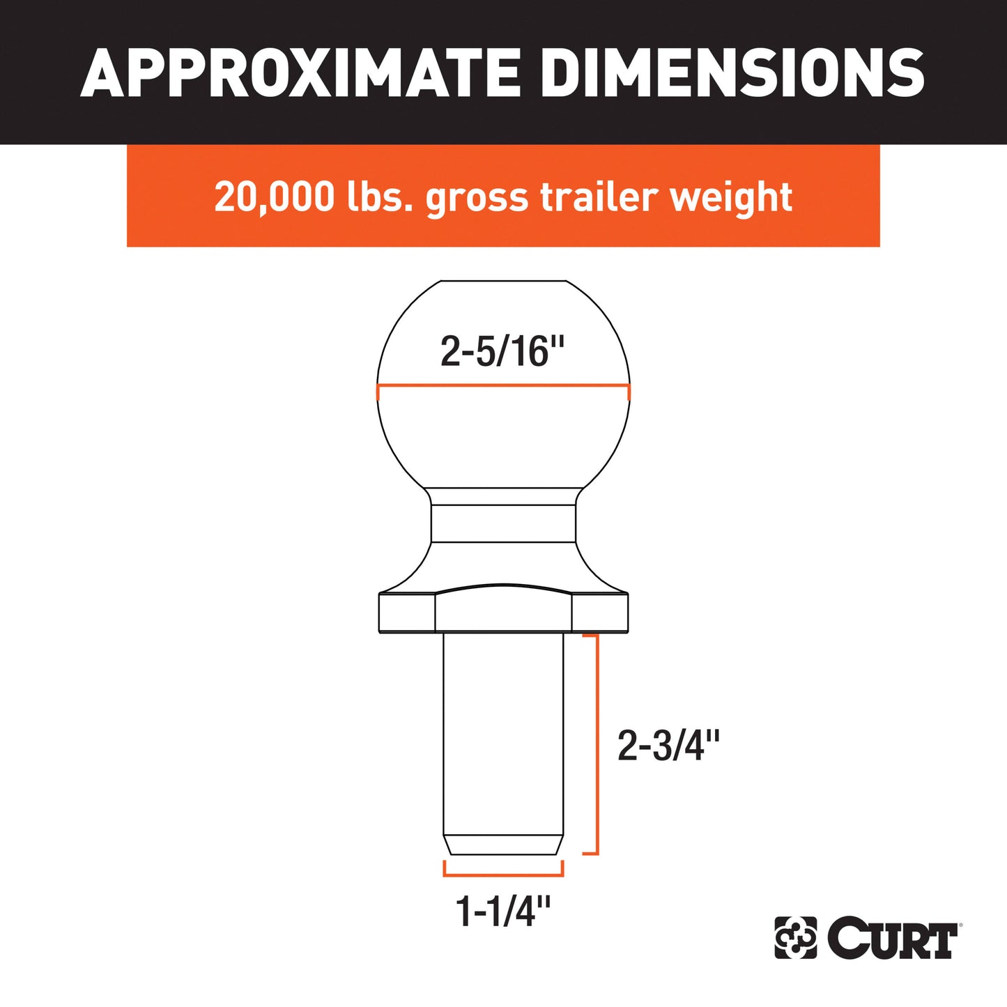 CURT 2-5/16" Trailer Ball (1-1/4" x 2-3/4" Shank, 20,000 lbs., Chrome) - 40008