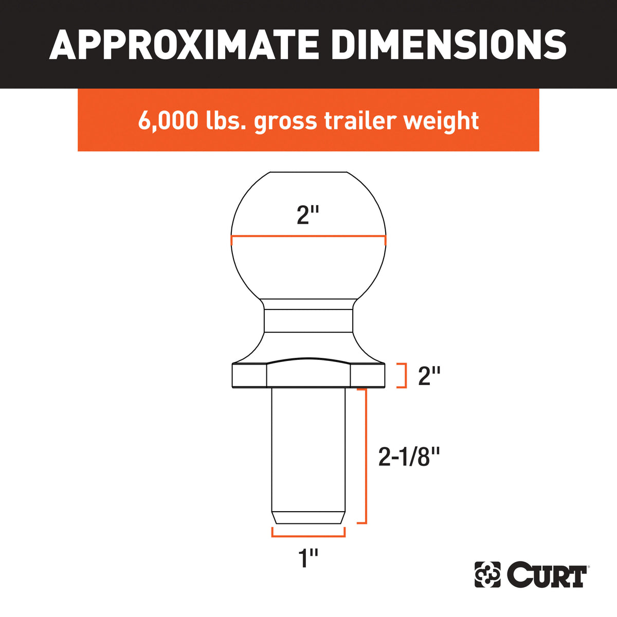 CURT 2" Trailer Ball (1" x 2-1/8" Shank, 2" Rise, 6,000 lbs., Chrome) - 40034