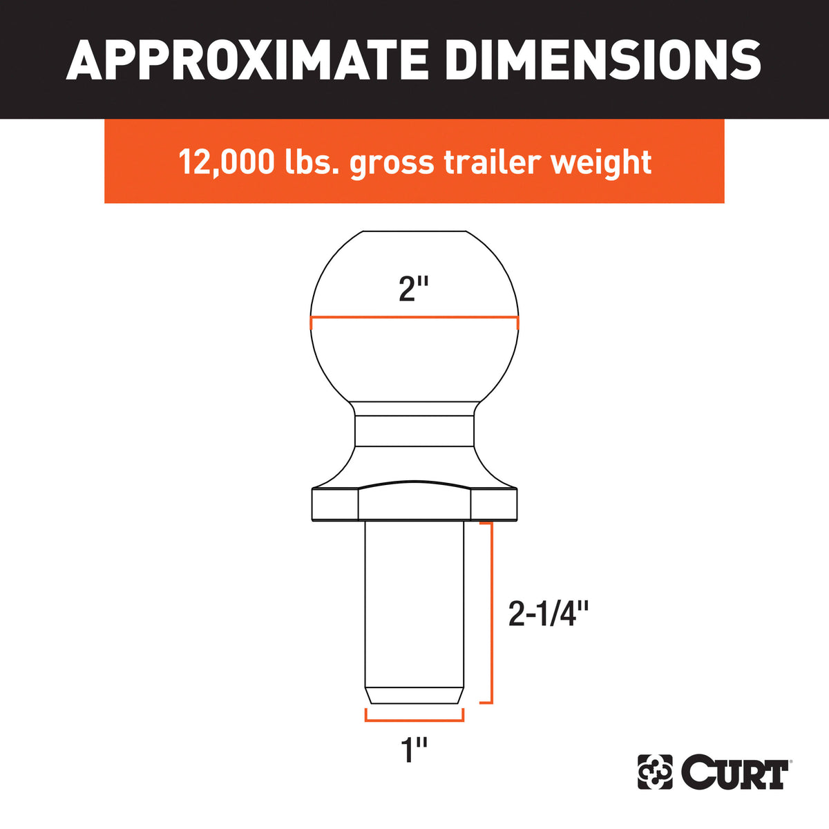 CURT 2" Trailer Ball (1" x 2-1/4" Shank, 12,000 lbs., Chrome) - 40038