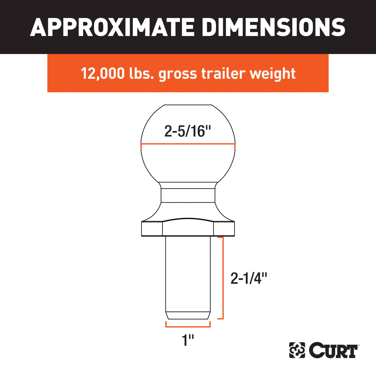CURT 2-5/16" Trailer Ball (1" x 2-1/4" Shank, 12,000 lbs., Raw Steel) - 40042