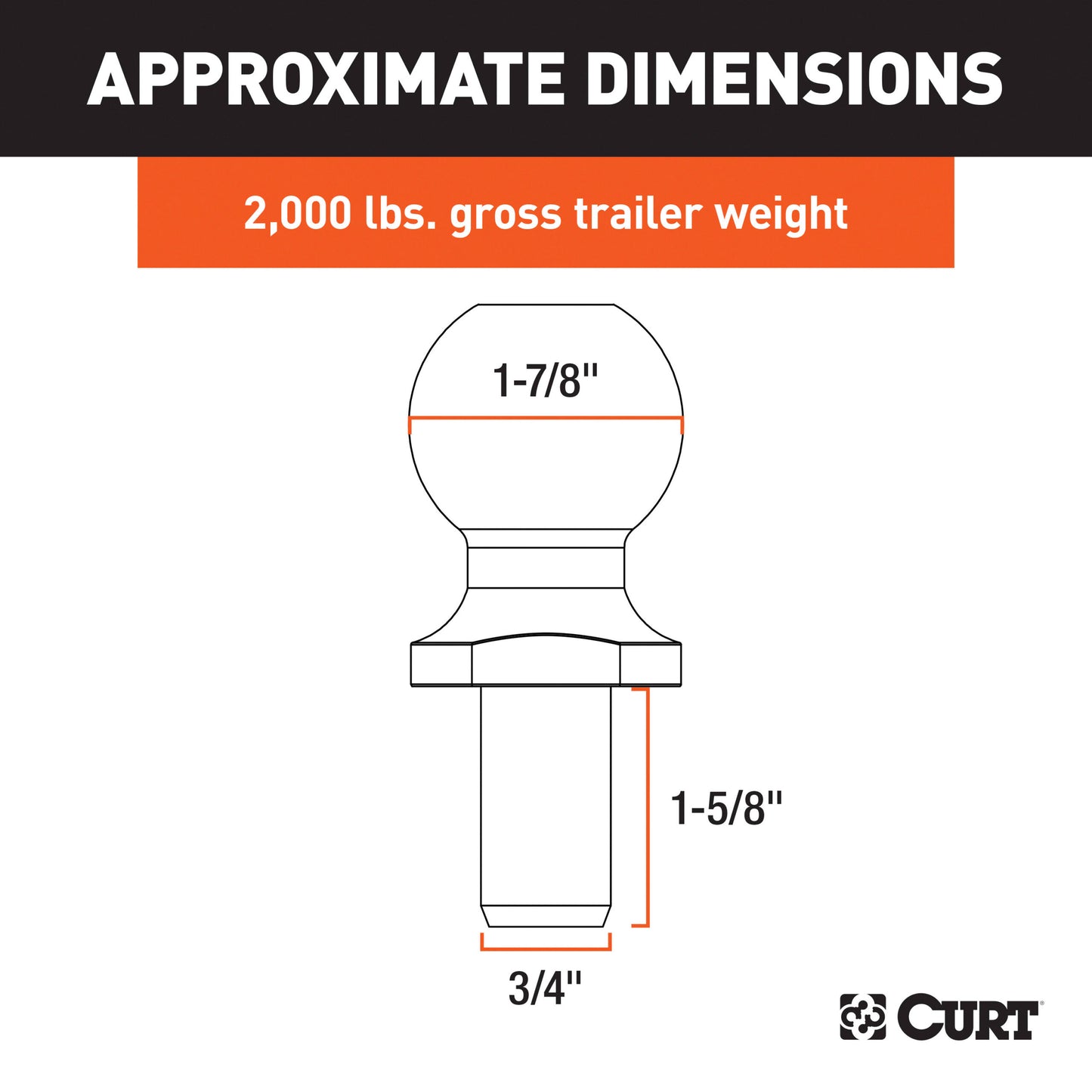 CURT 1-7/8" Trailer Ball (3/4" x 1-5/8" Shank, 2,000 lbs., Chrome, Packaged) - 40061