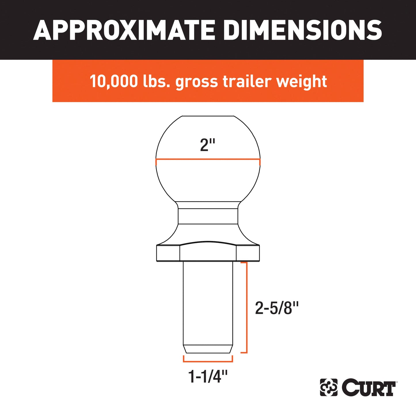 CURT 2" Trailer Ball (1-1/4" x 2-5/8" Shank, 10,000 lbs, Chrome) - 40190