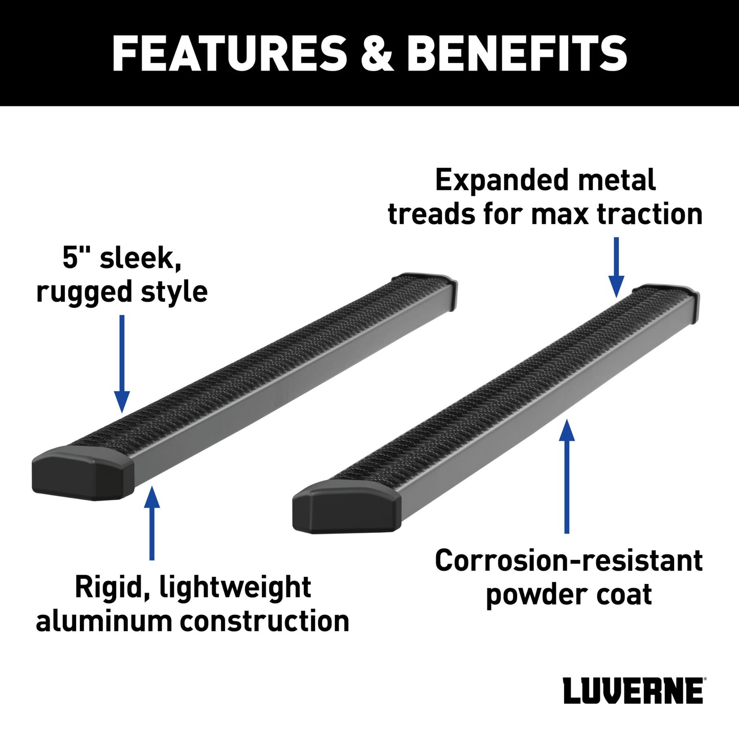 Luverne SlimGrip 5" x 88" Black Aluminum Running Boards, Select Ford F-150, F-250, F-350