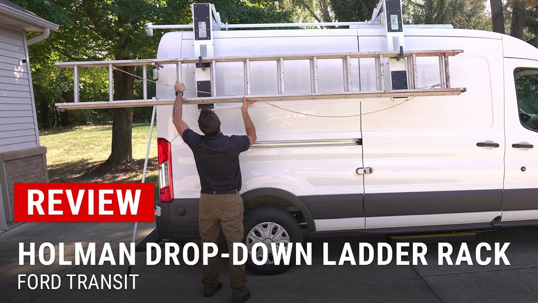 Review of Holman’s Drop-Down Ladder Rack for Ford Transit Vans at Upfit Supply. Secure design, versatile installation, and safety features.