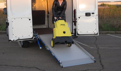 Aluminum Loading Ramp for Ford Transit Cargo Vans - Ramp Width: 37-in | Ramp Length: 108-in | Ramp Swivel: Left-hand | Ramp Platform: Perforated - 2 Section | Wheelbase: 148-in Extended | Capacity: 1,500 lbs.