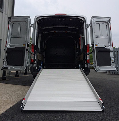 Aluminum Loading Ramp for Mercedes Sprinter Cargo Vans - Ramp Width: 37-in | Ramp Length: 108-in | Ramp Swivel: Left-hand (outward + inward) | Ramp Platform: Perforated