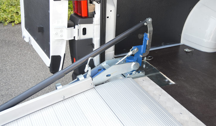 Aluminum Loading Ramp for Mercedes Sprinter Cargo Vans - Ramp Width: 37-in | Ramp Length: 126-in | Ramp Swivel: Left-hand (outward + inward) | Ramp Platform: Perforated