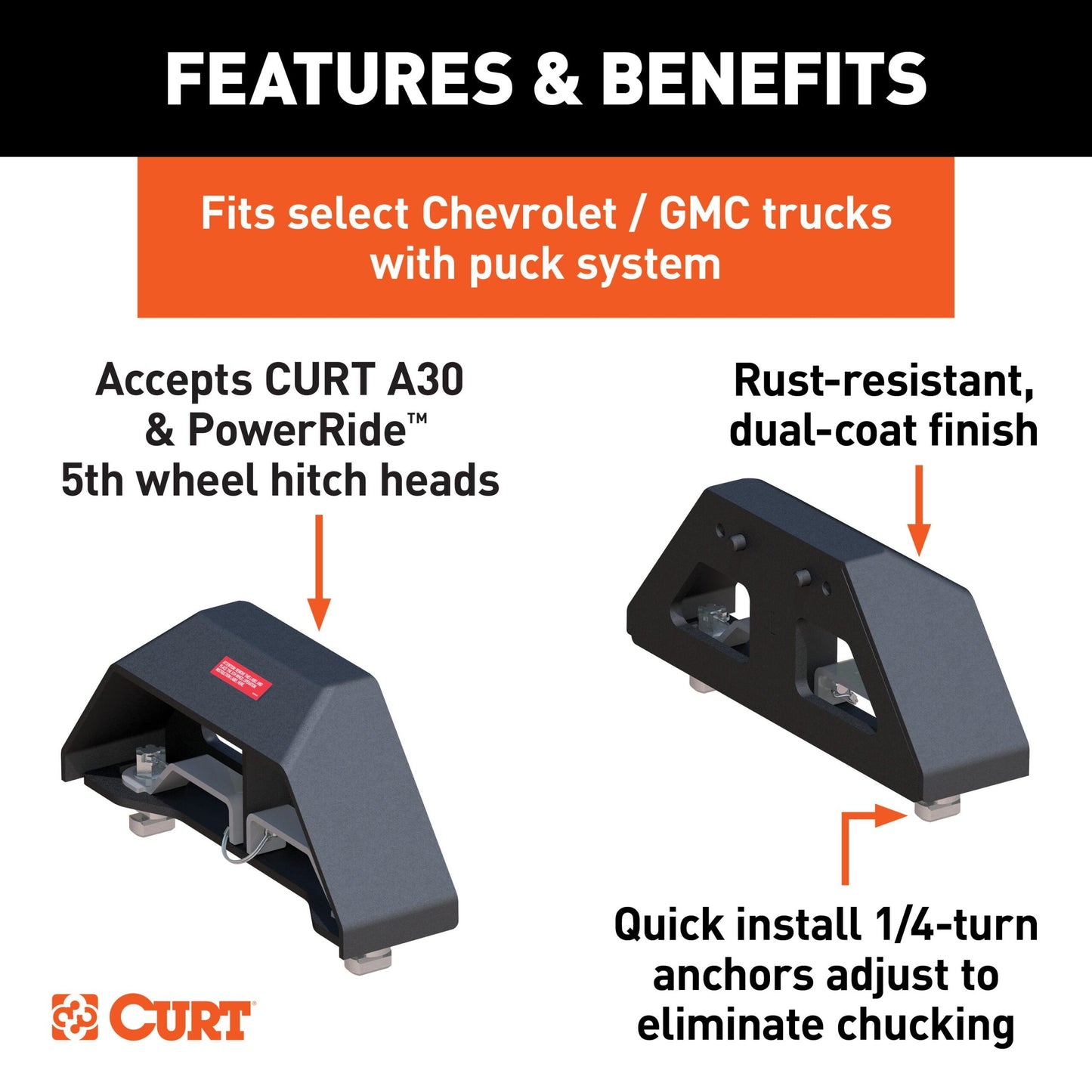 CURT Puck 5th Wheel Legs, Select Silverado, Sierra HD, 8' Bed, 30K, Carbide Black - 16024