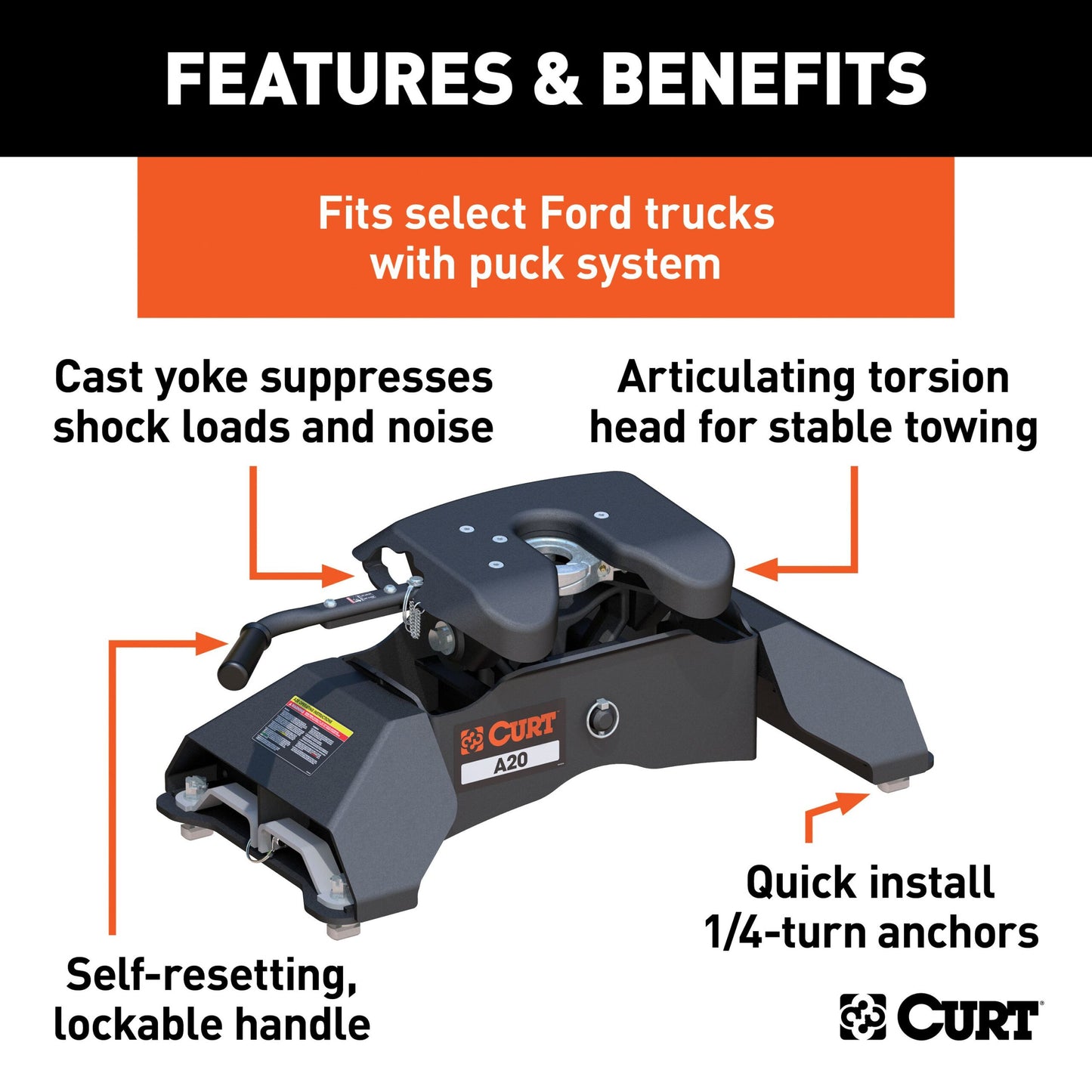 CURT A20 5th Wheel Hitch, Select Ford F-250, F-350, F-450, 8' Bed Puck System - 16034