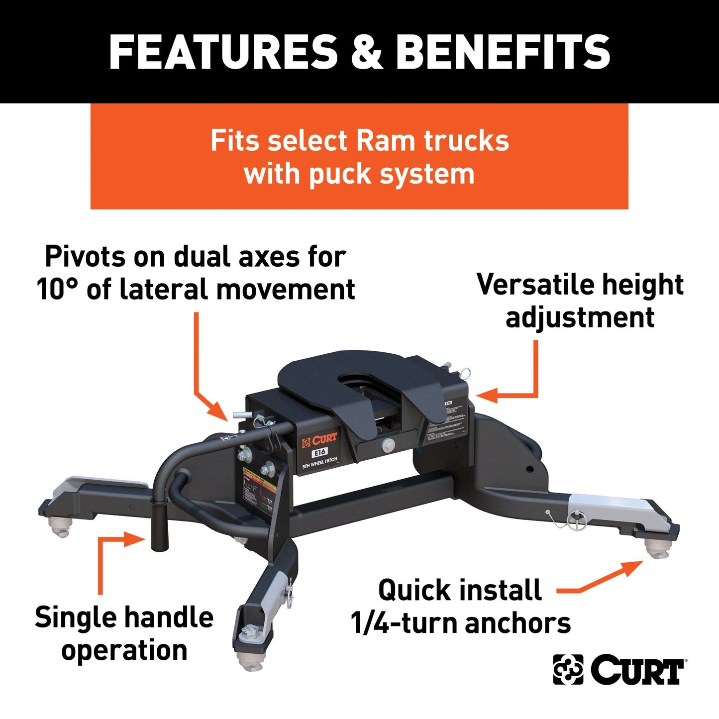 CURT E16 5th Wheel Hitch, Select Ram 2500, 3500, 8' Bed Puck System - 16041