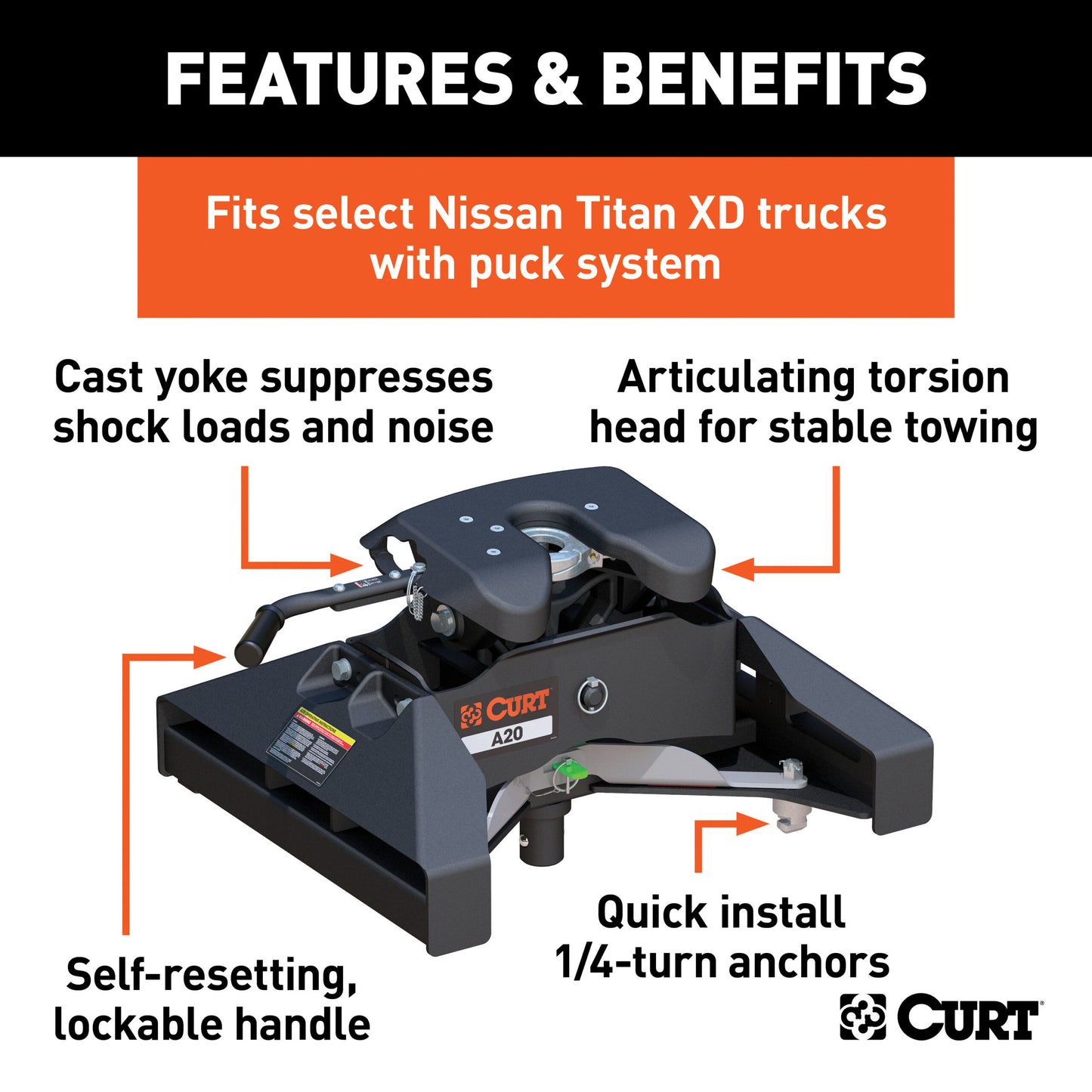 CURT A20 5th Wheel Hitch, Select Nissan Titan XD, 8' Bed Puck System - 16074