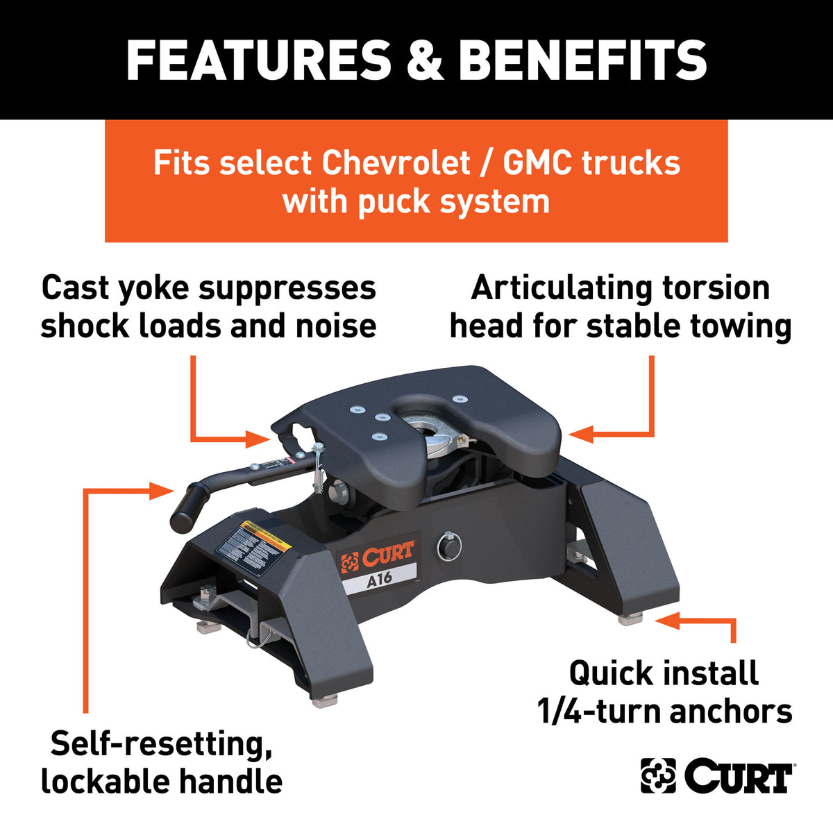 CURT A16 5th Wheel Hitch, Select Silverado, Sierra 2500, 3500 HD, 8' Bed Puck System - 16091