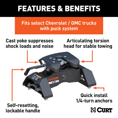 CURT A16 5th Wheel Hitch, Select Silverado, Sierra 2500, 3500 HD, 8' Bed Puck System - 16091