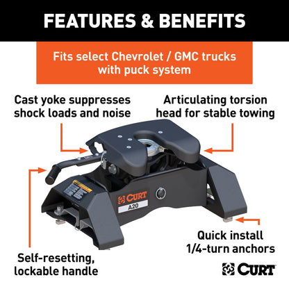 CURT A20 5th Wheel Hitch, Select Silverado, Sierra 2500, 3500 HD, 8' Bed Puck System - 16092
