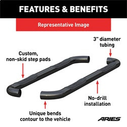 ARIES 3-in Round Black Steel Nerf Bars for Ford Ranger SuperCrew (2019-2026) - 203046