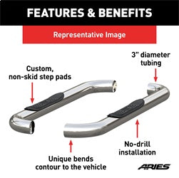 ARIES 3-in Round Polished Stainless Steel Nerf Bars for Chevrolet/GMC Silverado/Sierra 1500, 2500 HD, 3500 HD Regular Cab (2007-2018) - 204048-2