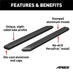 ARIES AdvantEDGE 5-1/2-in x 85-in Black Aluminum Side Bars (No Brackets) for Chevrolet/GMC/Dodge/RAM/Ford/Nissan/Toyota (2005-2026) - 2055985