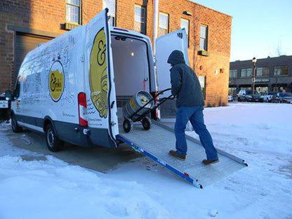 Aluminum Loading Ramp for Ford Transit Cargo Vans - Ramp Width: 47-in | Ramp Length: 126-in | Ramp Swivel: Left-hand | Ramp Platform: Perforated - 2 Section | Wheelbase: 130-in/148-in | Capacity: 1,500 lbs.