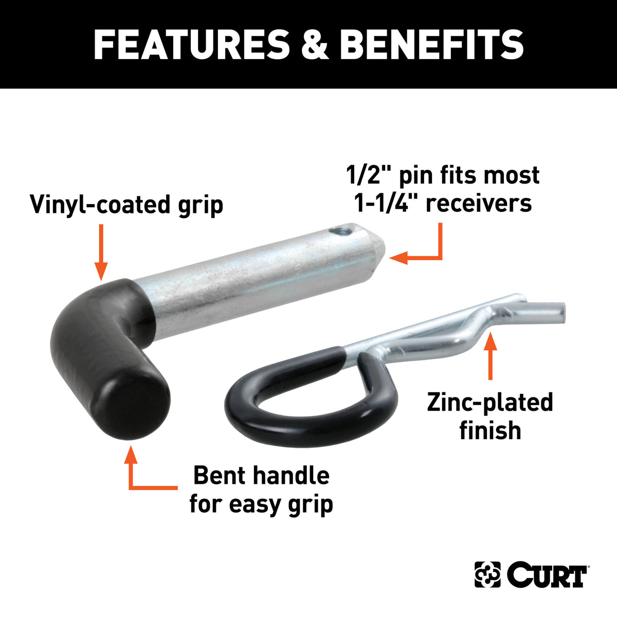 CURT 1/2" Hitch Pin (1-1/4" Receiver, Zinc with Rubber Grip, Packaged) - 21411