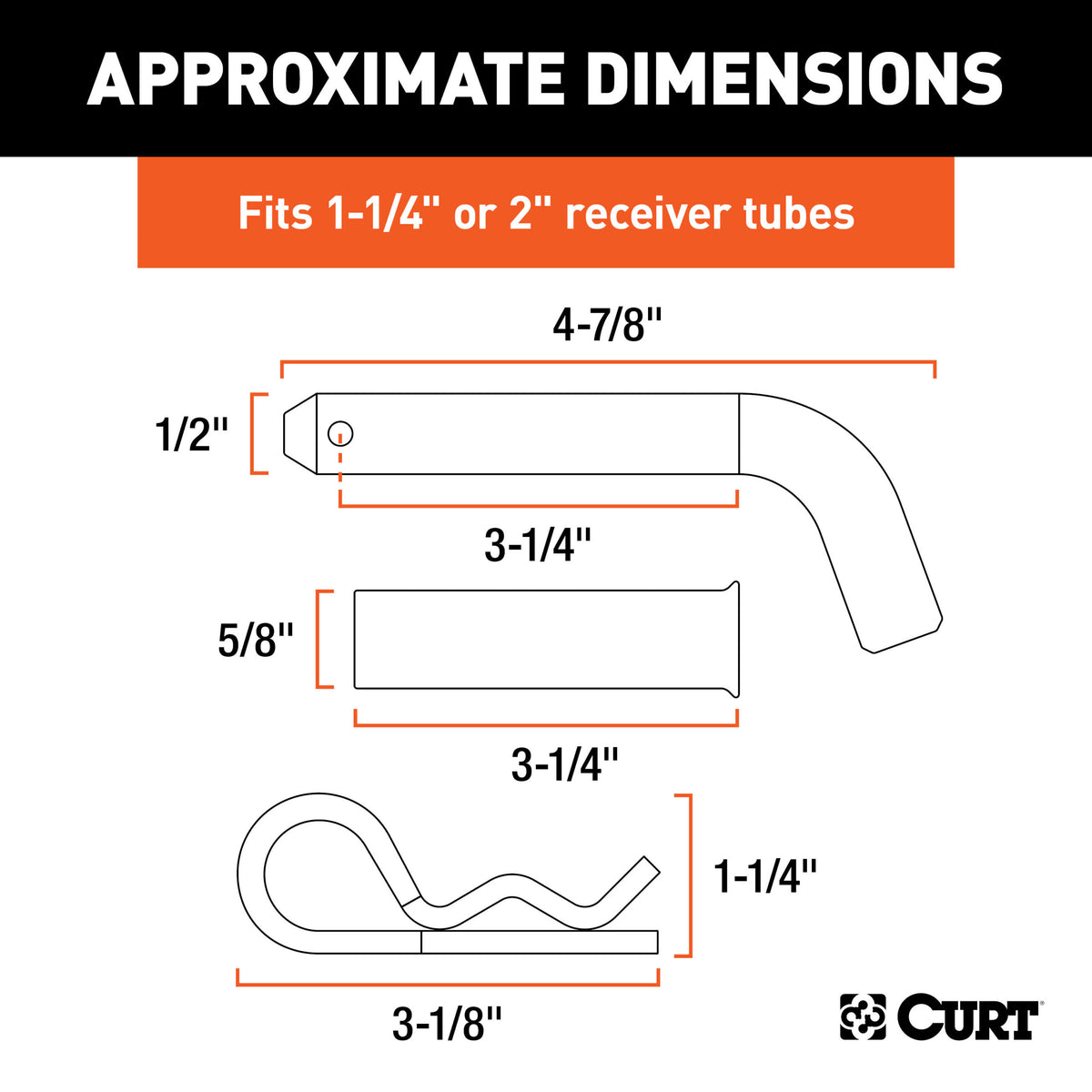 CURT 1/2" Hitch Pin with 5/8" Adapter (1-1/4" or 2" Receiver, Zinc, Packaged) - 21502
