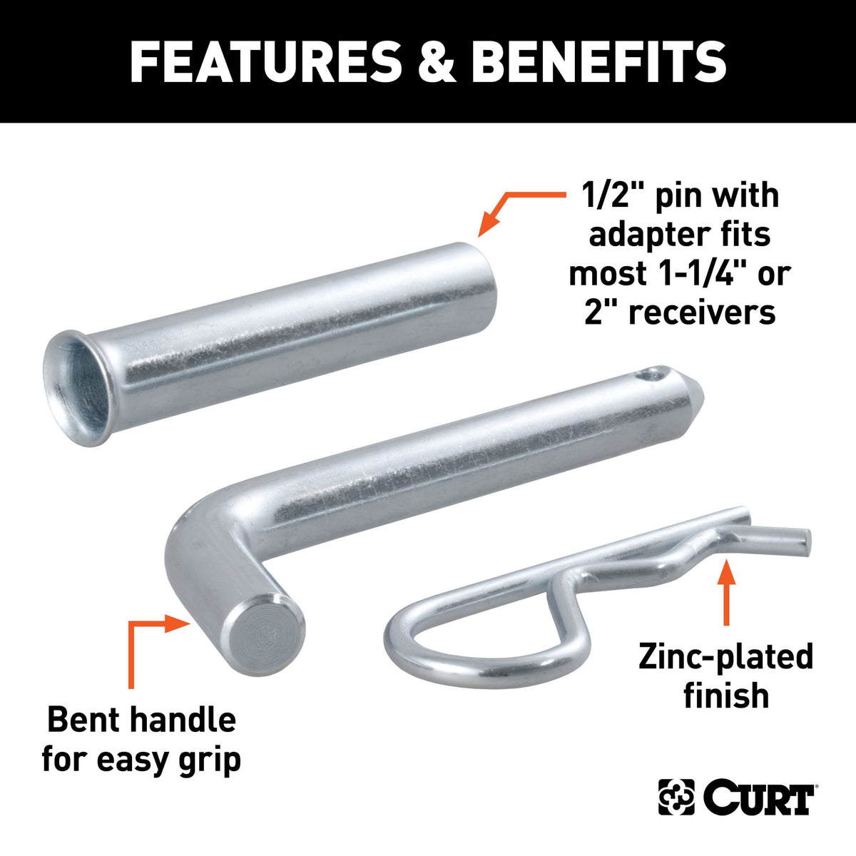 CURT 1/2" Hitch Pin with 5/8" Adapter (1-1/4" or 2" Receiver, Zinc, Packaged) - 21502