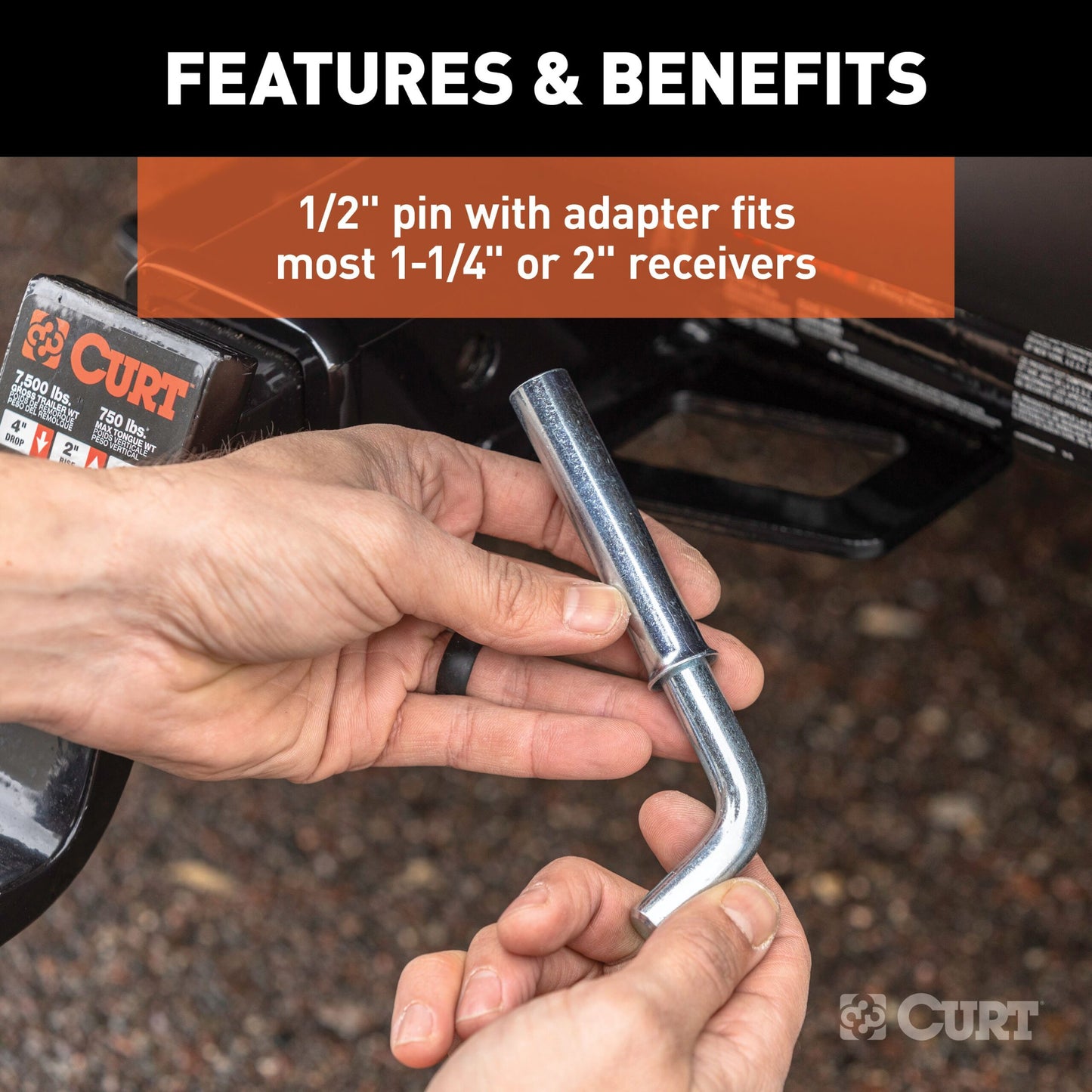 CURT 1/2" Hitch Pin with 5/8" Adapter (1-1/4" or 2" Receiver, Zinc, Packaged) - 21502