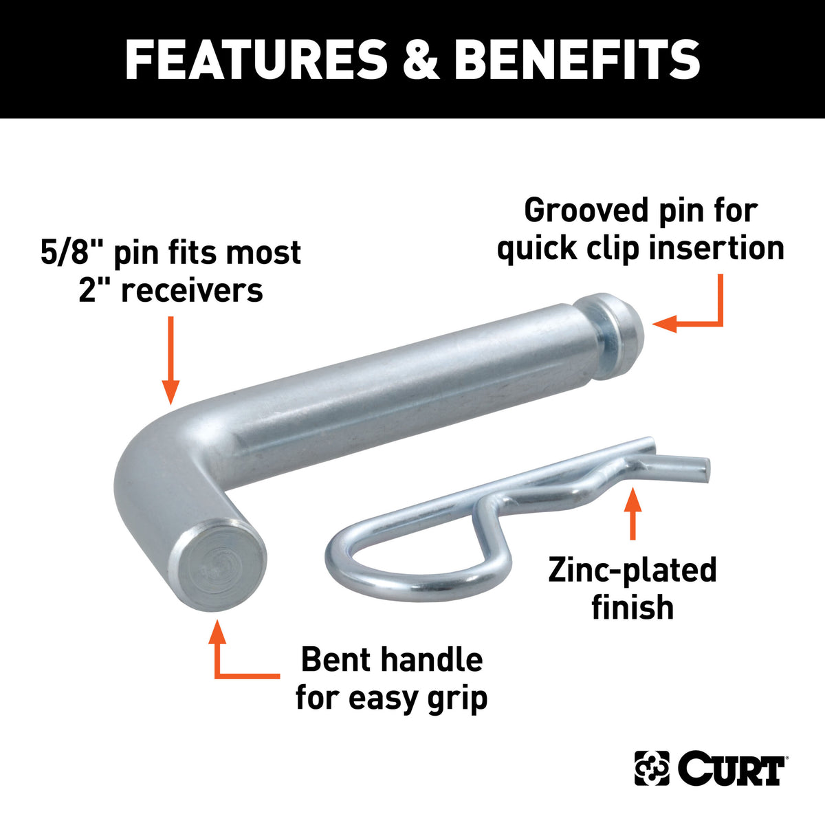 CURT 5/8" Hitch Pin with Groove (2" Receiver, Zinc, Packaged) - 21505