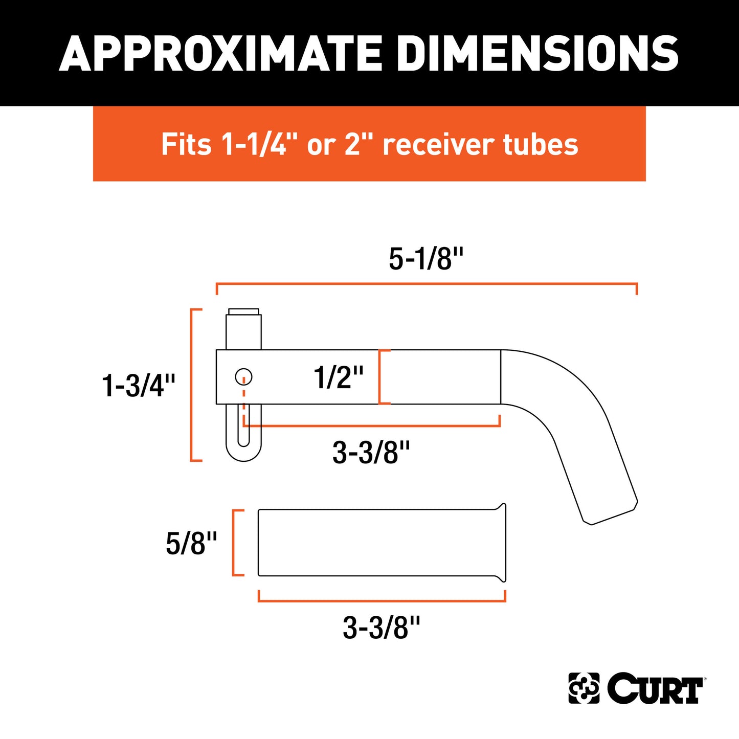 CURT 1/2" Swivel Hitch Pin with 5/8" Adapter (1-1/4" or 2" Receiver, Zinc, Packaged) - 21561