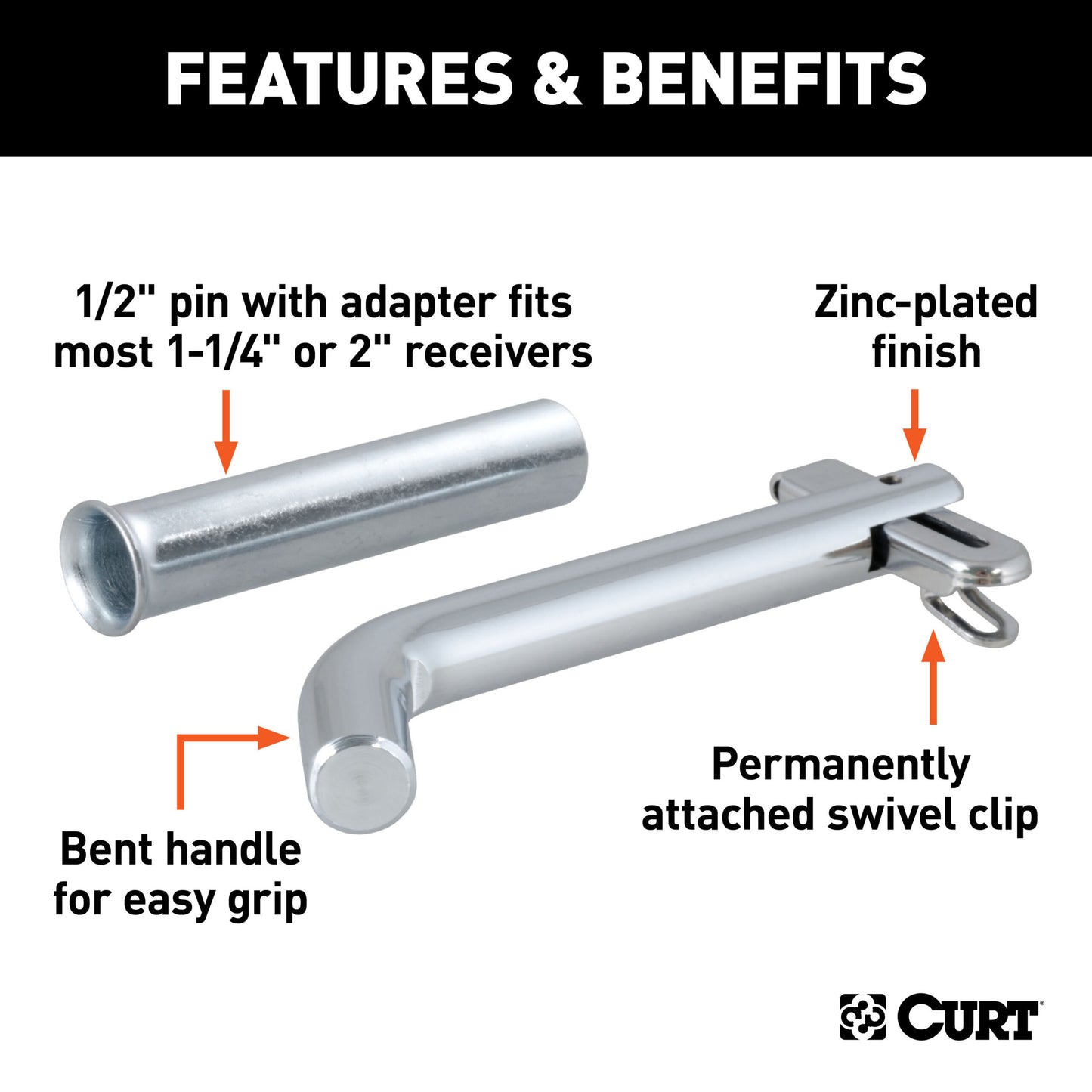 CURT 1/2" Swivel Hitch Pin with 5/8" Adapter (1-1/4" or 2" Receiver, Zinc, Packaged) - 21561