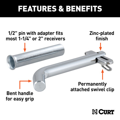 CURT 1/2" Swivel Hitch Pin with 5/8" Adapter (1-1/4" or 2" Receiver, Zinc, Packaged) - 21561