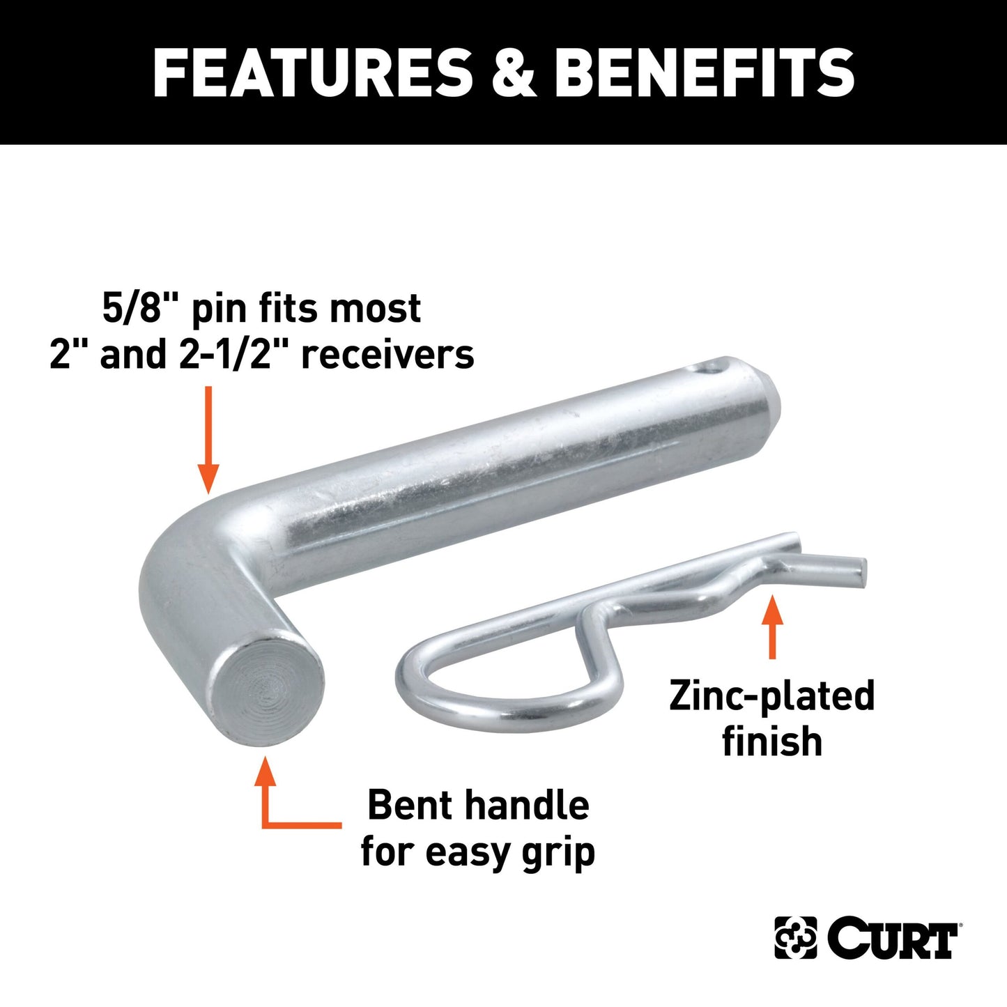 CURT 5/8" Hitch Pin (2" or 2-1/2" Receiver, Zinc) - 21580