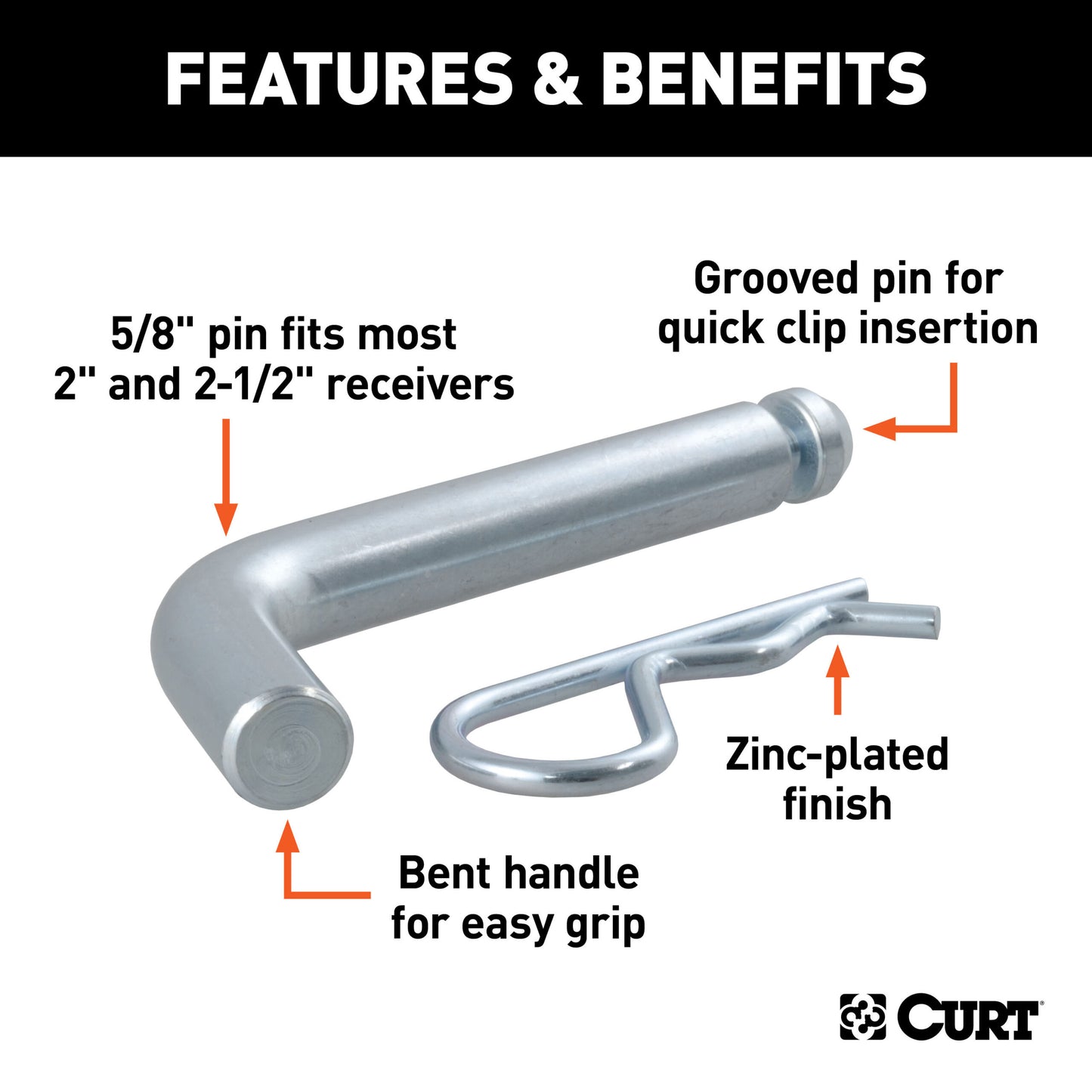 CURT 5/8" Hitch Pin with Groove (2" or 2-1/2" Receiver, Zinc, Packaged) - 21583