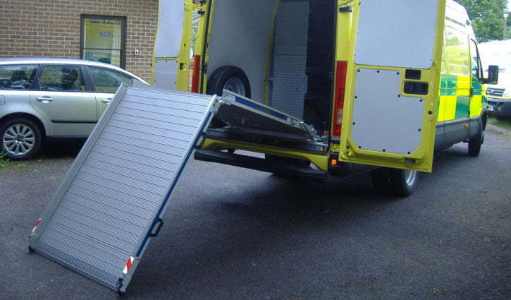 Aluminum Loading Ramp for Ford Transit Cargo Vans - Ramp Width: 37-in | Ramp Length: 108-in | Ramp Swivel: Left-hand | Ramp Platform: Perforated - 2 Section | Wheelbase: 148-in Extended | Capacity: 1,500 lbs.