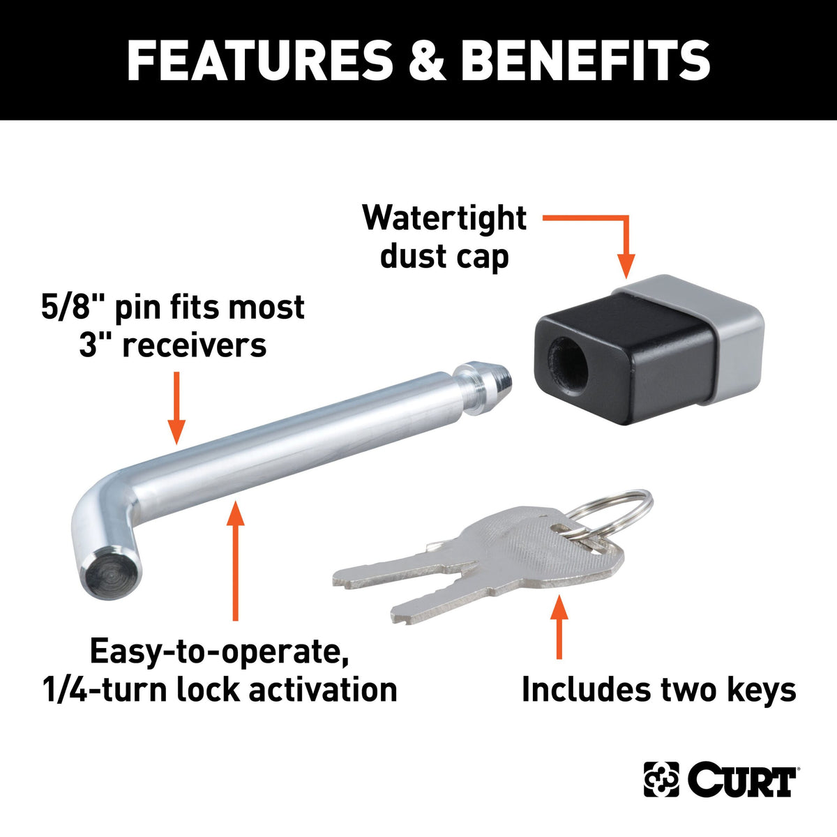 CURT 5/8" Hitch Lock (2", 2-1/2" or 3" Receiver, Deadbolt, Chrome) - 23021