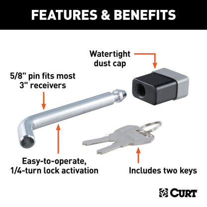 CURT 5/8" Hitch Lock (2", 2-1/2" or 3" Receiver, Deadbolt, Chrome) - 23021