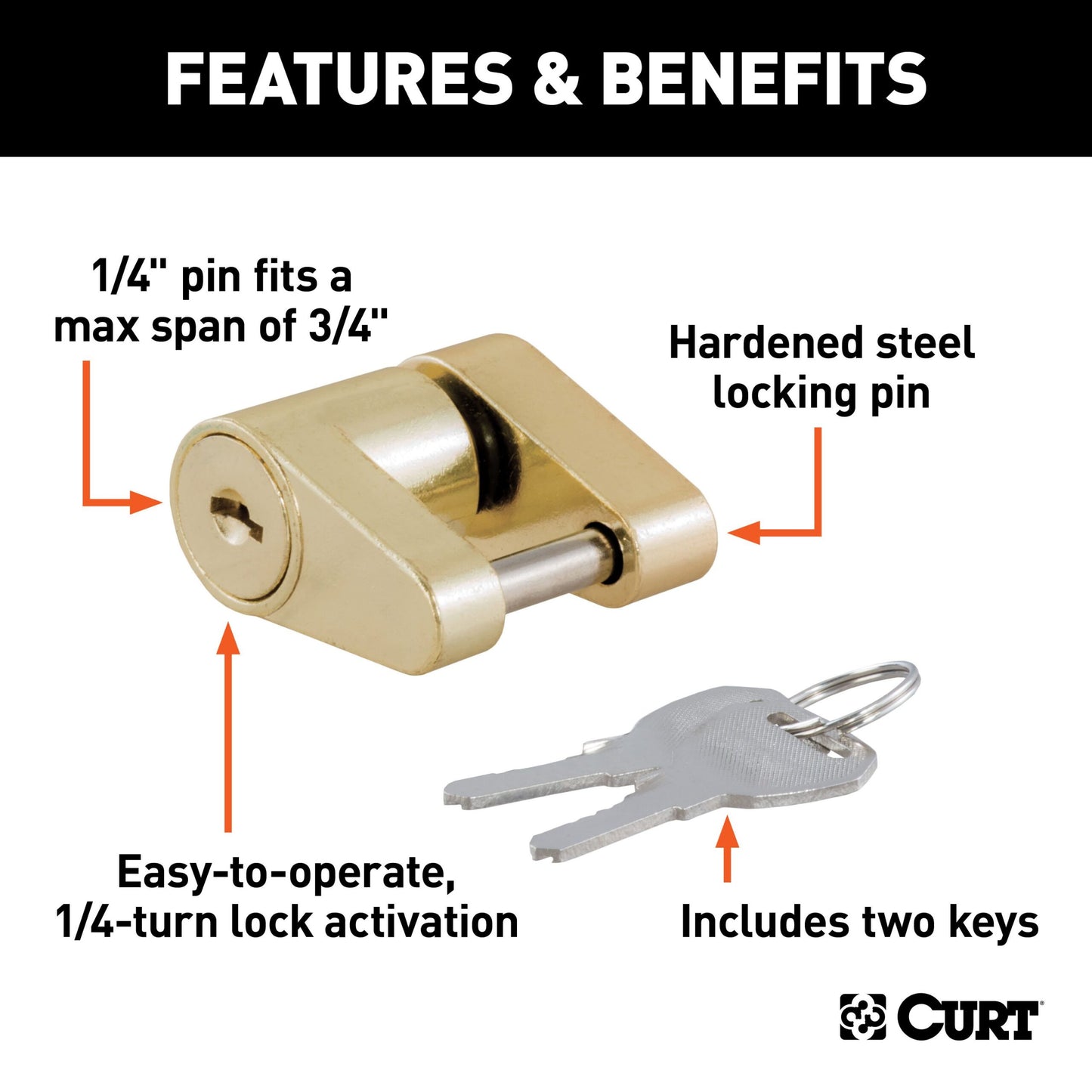 CURT Coupler Lock (1/4" Pin, 3/4" Latch Span, Padlock, Brass-Plated) - 23022