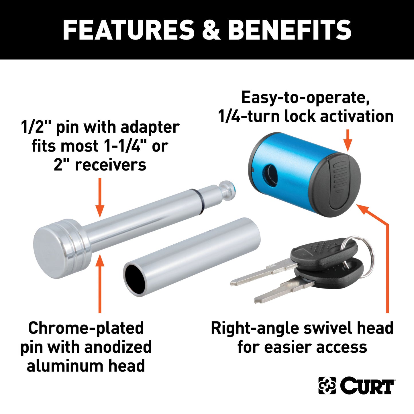 CURT 1/2" Hitch Lock with 5/8" Adapter (1-1/4" or 2" Receiver, Right-Angle, Chrome) - 23506