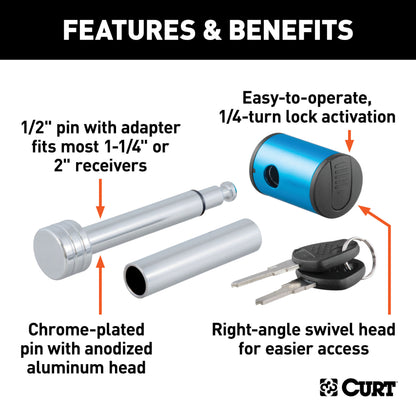 CURT 1/2" Hitch Lock with 5/8" Adapter (1-1/4" or 2" Receiver, Right-Angle, Chrome) - 23506
