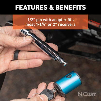 CURT 1/2" Hitch Lock with 5/8" Adapter (1-1/4" or 2" Receiver, Right-Angle, Chrome) - 23506