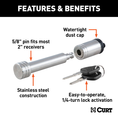 CURT 5/8" Hitch Lock (2" Receiver, Barbell, Stainless) - 23516