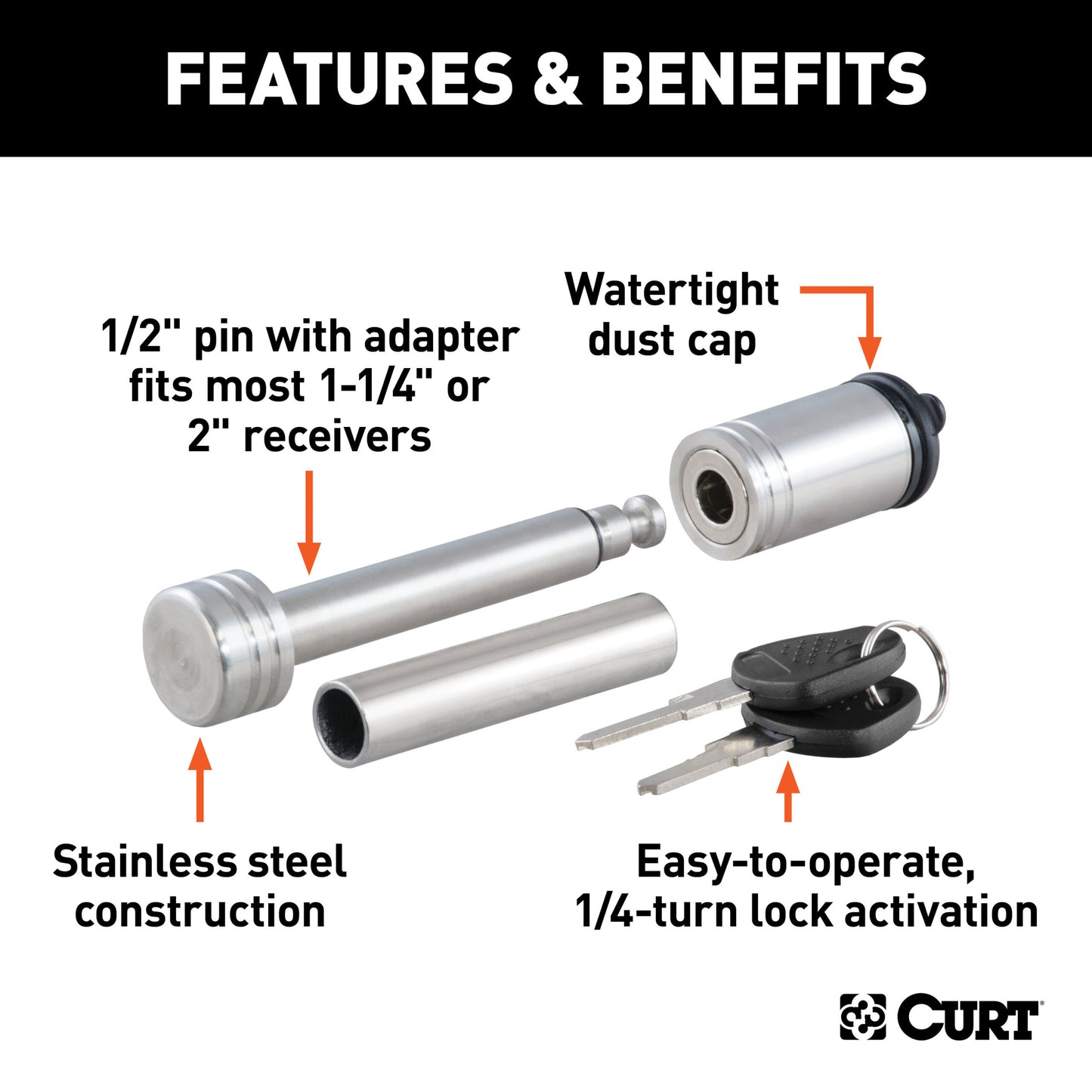 CURT 1/2" Hitch Lock with 5/8" Adapter (1-1/4" or 2" Receiver, Barbell, Stainless) - 23517