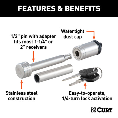 CURT 1/2" Hitch Lock with 5/8" Adapter (1-1/4" or 2" Receiver, Barbell, Stainless) - 23517