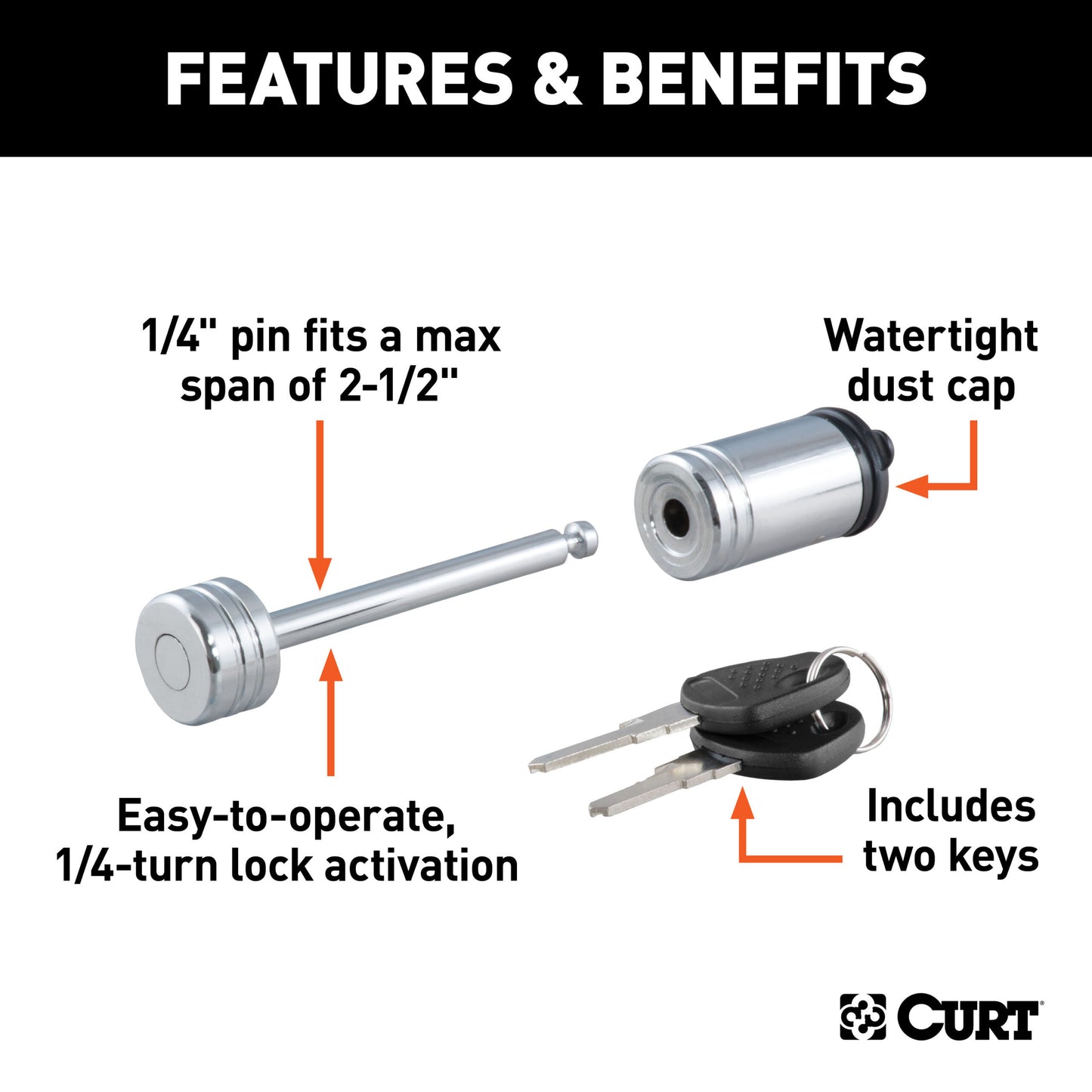 CURT Coupler Lock (1/4" Pin, 2-1/2" Latch Span, Barbell, Chrome) - 23522