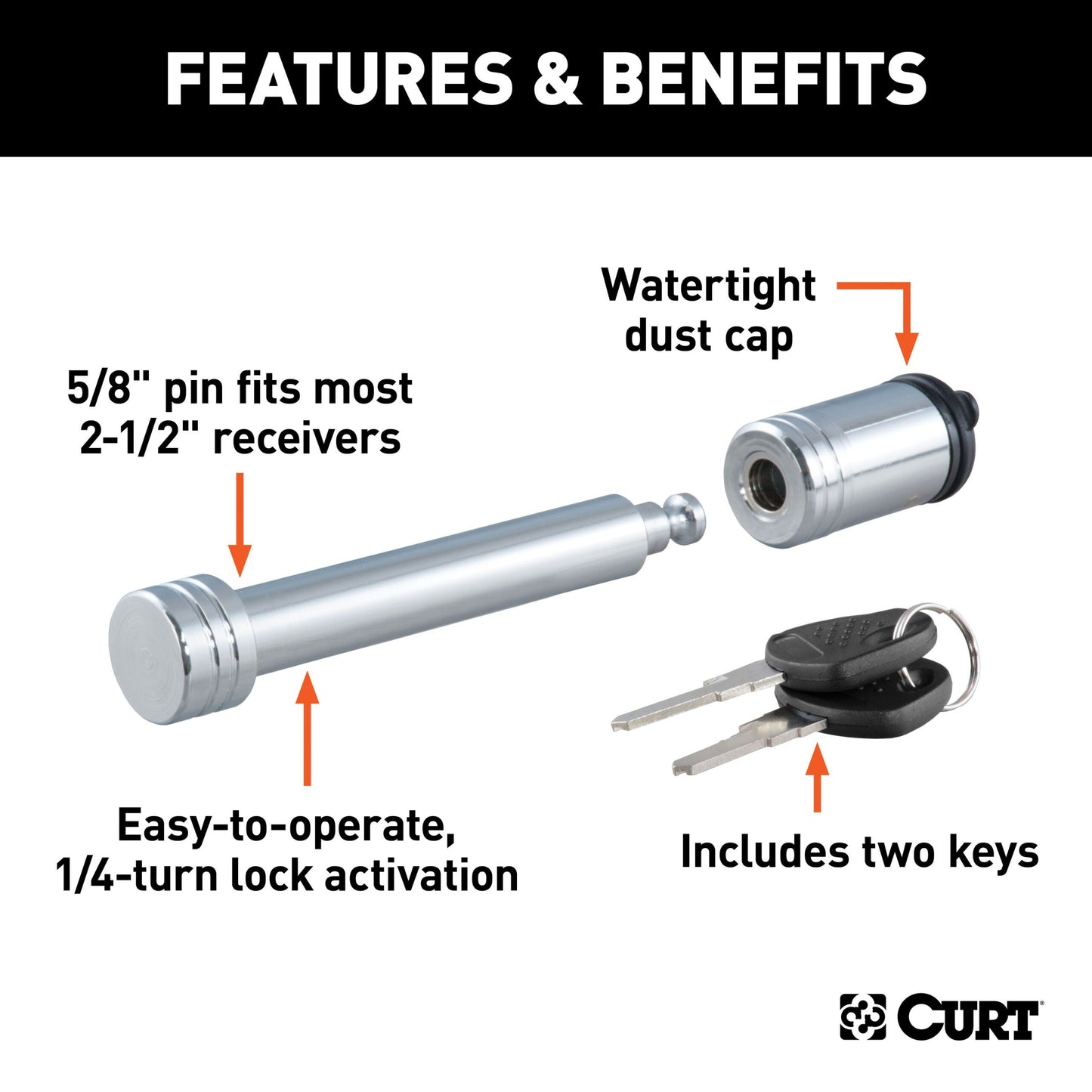 CURT 5/8" Hitch Lock (2" or 2-1/2" Receiver, Barbell, Chrome) - 23528
