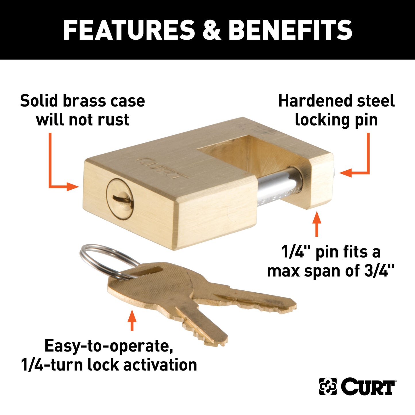 CURT Coupler Lock (1/4" Pin, 3/4" Latch Span, Padlock, Solid Brass) - 23546