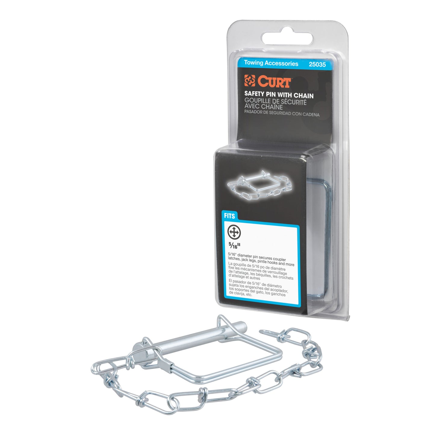 CURT 5/16" Safety Pin with 12" Chain (3" Pin Length, Packaged) - 25035